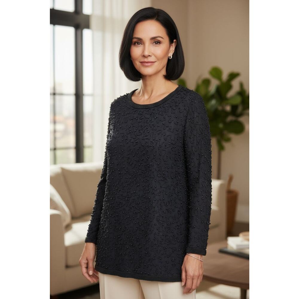 Papell Boutique Evening Black Silk Beaded Tunic Long Sleeve Top Womens Large